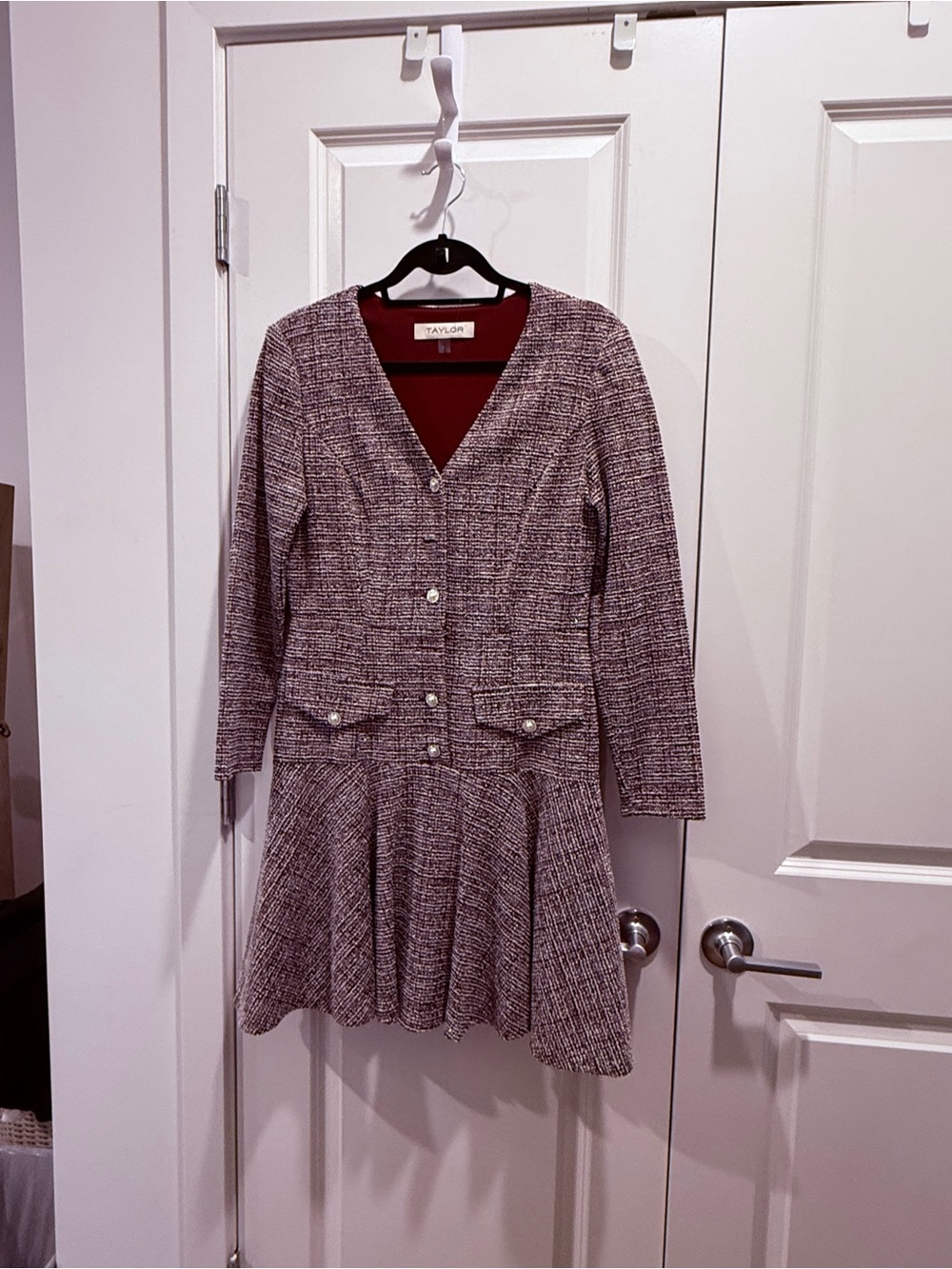 Taylor Long-Sleeve Tweed Fit & Flare Dress in Burgundy and Cream